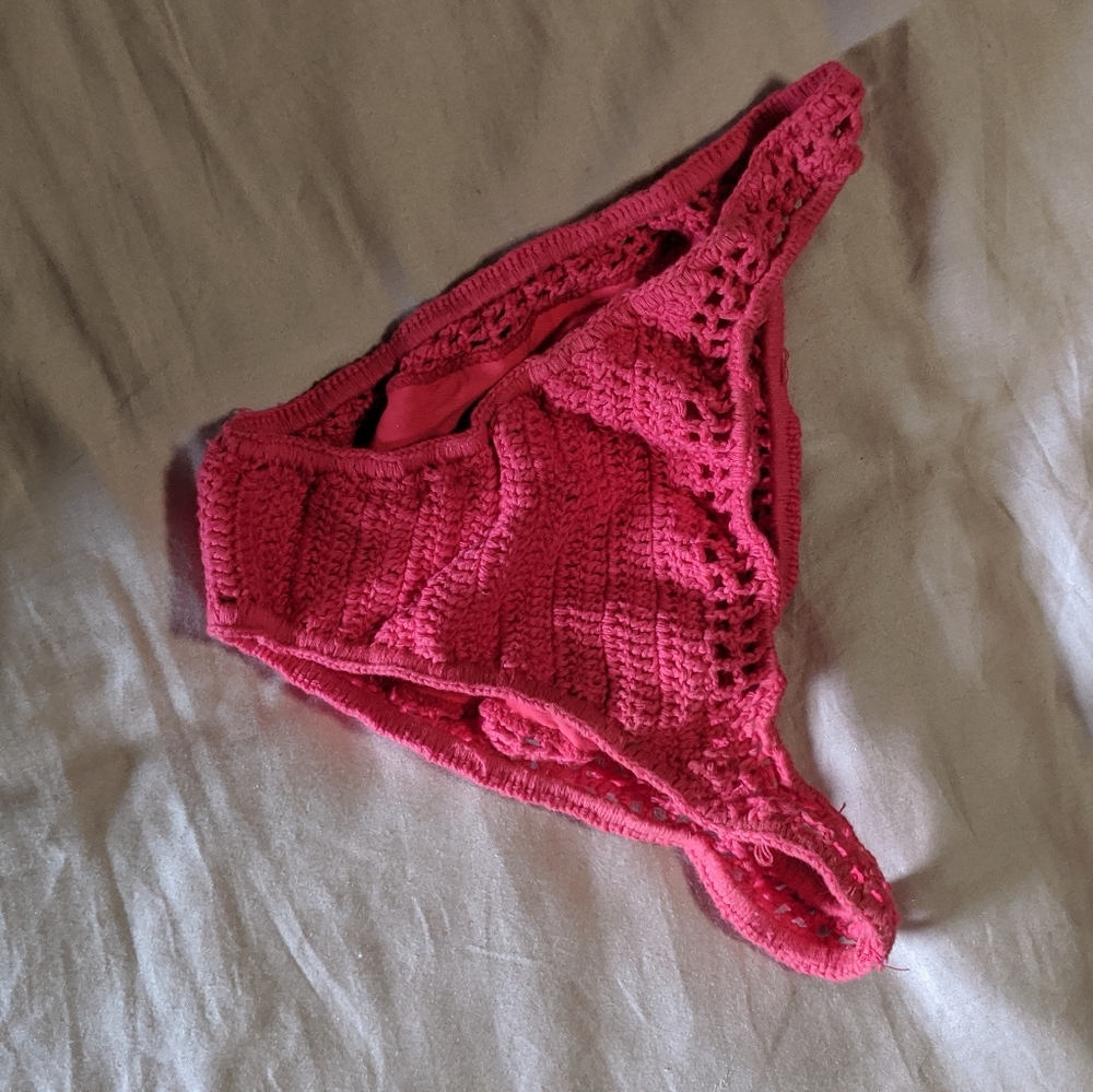 Red crochet bikini bottoms.